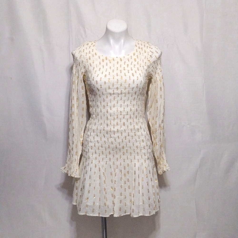 Perry Walker Smocked Bodice Mini Dress Size 2 Long Sleeve Boho Romantic Elegant